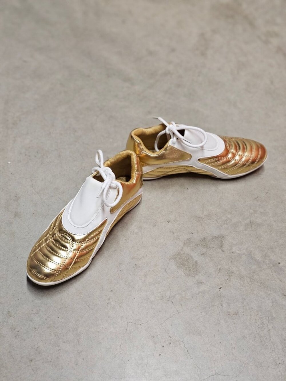 Gold & White Athletic Sneakers With Quilted Design & Lace-Up Closure - Picture 7 of 14
